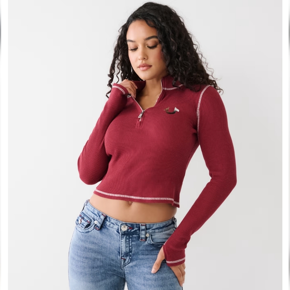 NWT True Religion Womens  Half Zip Top, Burgundy